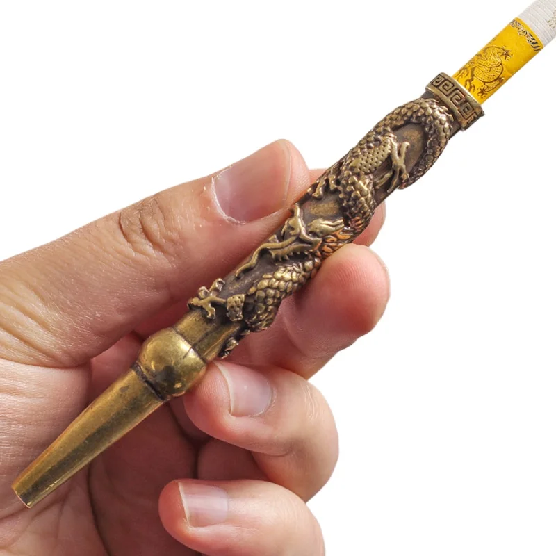 Retro Brass Carved Dragon Cigarette Holder Filter Washable Portable Cigarette Filter Cigarette Mouthpiece Holder Filter Gift