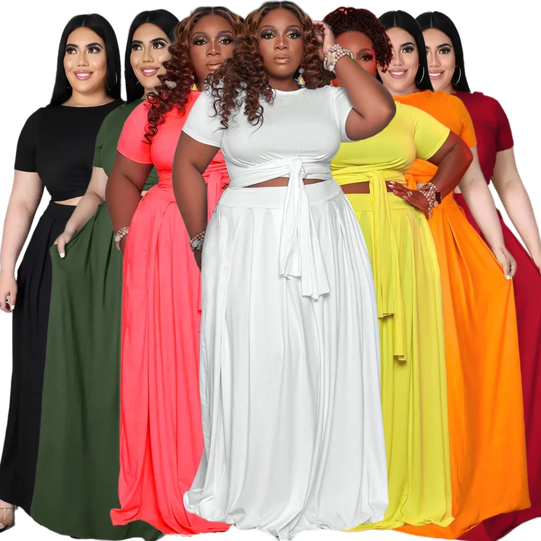 Fashionable plus Size Women's Outfit Crossed Belted Flared Skirt Two-Piece Set  Color Big Swing Dress AP7025 2023 Summer