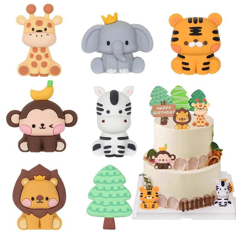 

Cute Forest Cartoon Animal Cake Topper Soft Clay Tiger Lion Elephant Monkey Jungle Safari Party Decor Kids Birthday Cake Decor
