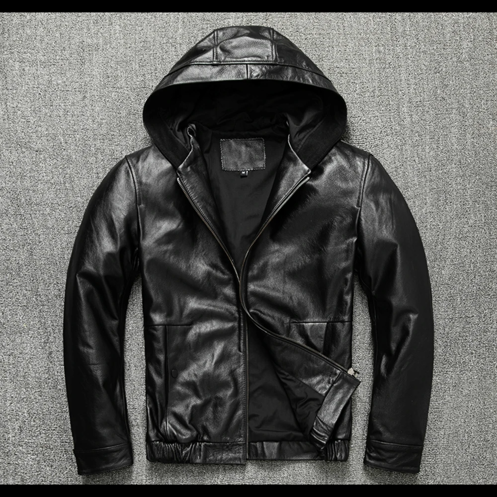 shipping.Dropship.sales Free men genuine hoody.Plus size black cowhide coat.quality outdoor fashion leather jacket.