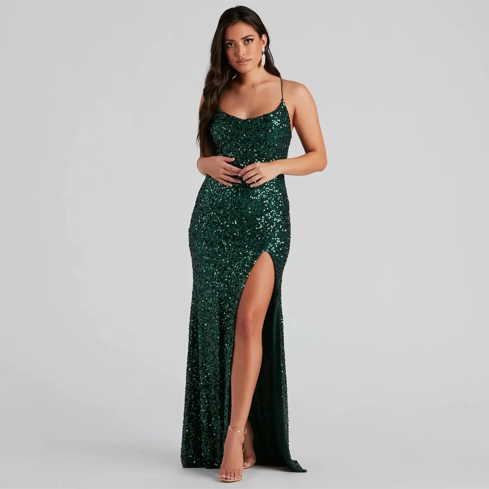 Vestido longo de lantejoulas sereia, cintas de espaguete, vestidos sem encosto, verde escuro, sexy, festa de casamento, Dropshipping, 2024