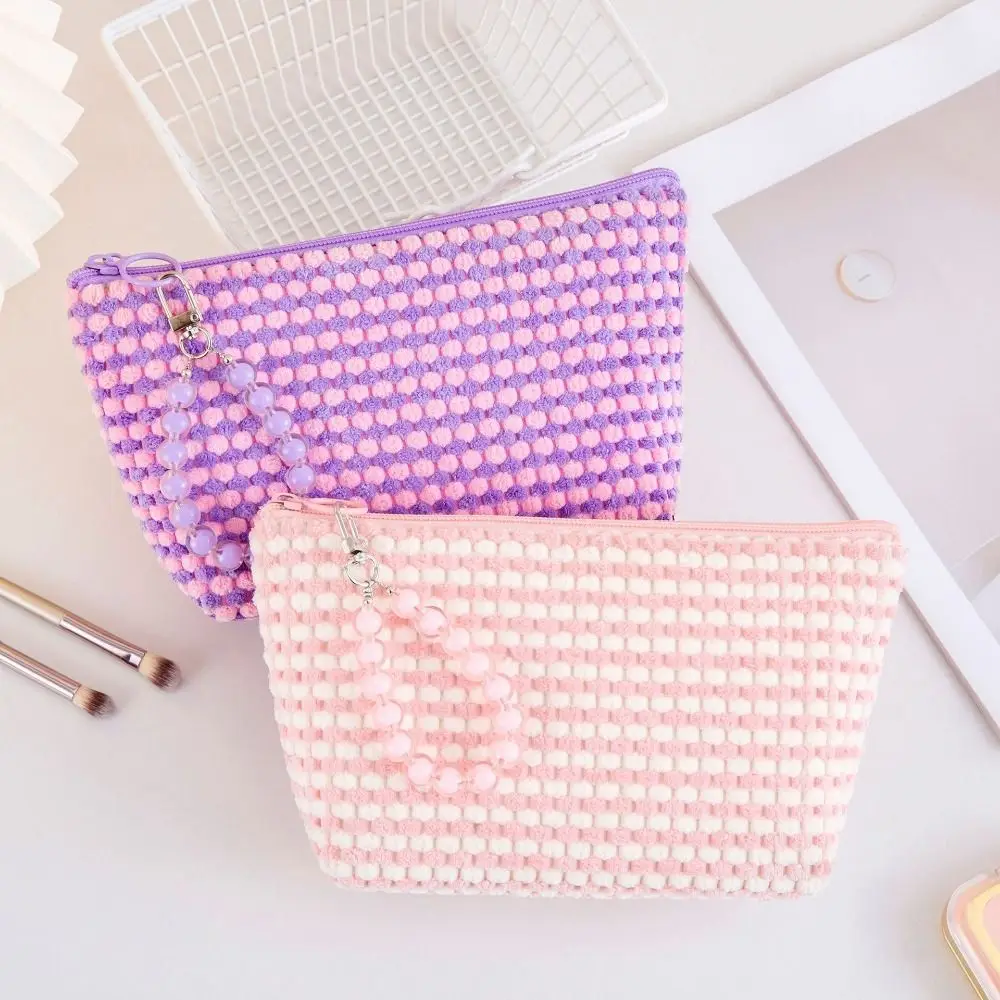 With Bead Bracelet Women Cosmetic Bag Zipper Plaid Travel Makeup Organizer Portable Multi-functional Plush Cosmetic Case