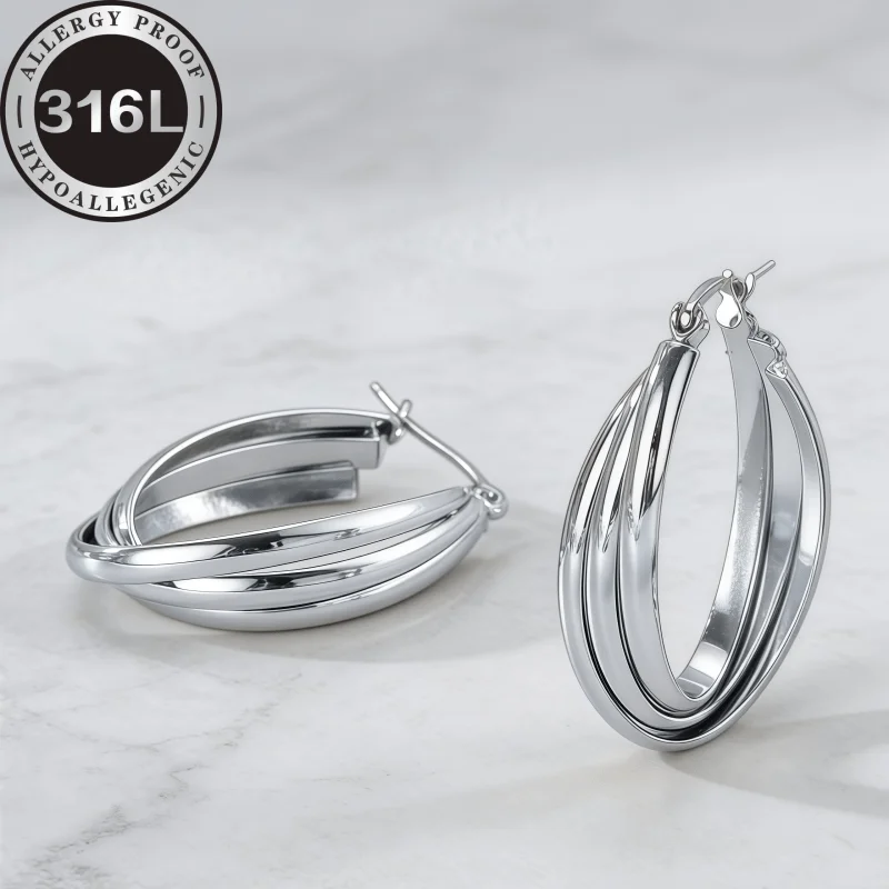 316L stainless steel earrings, anti-allergic earrings, semi-circular wire and three-wire cross-spell oval, simple and elegant,