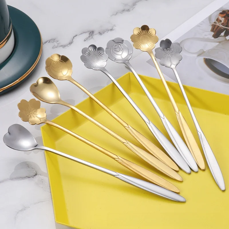 Stainless Steel Long Handle Heart Shaped Spoon Wedding Rose Flower Spoon Coffee Stirring Spoon Souvenir Swallow's Nest Honey ...
