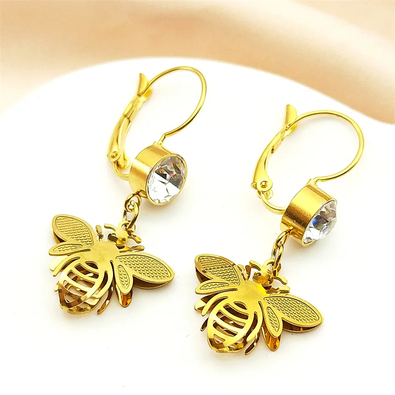 

Fashion Hollow Flower Butterfly Bee Stainless Steel Drop Earrings for Women Girls Gold Color Rhinestones Dangle Earring Jewelry