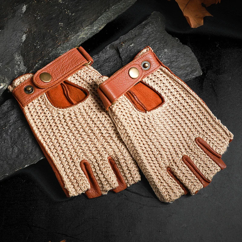 Men's Retro Motorcycle Fingerless Leather Gloves for Driving and Riding, Knitted Breathable Half-Finger Gloves
