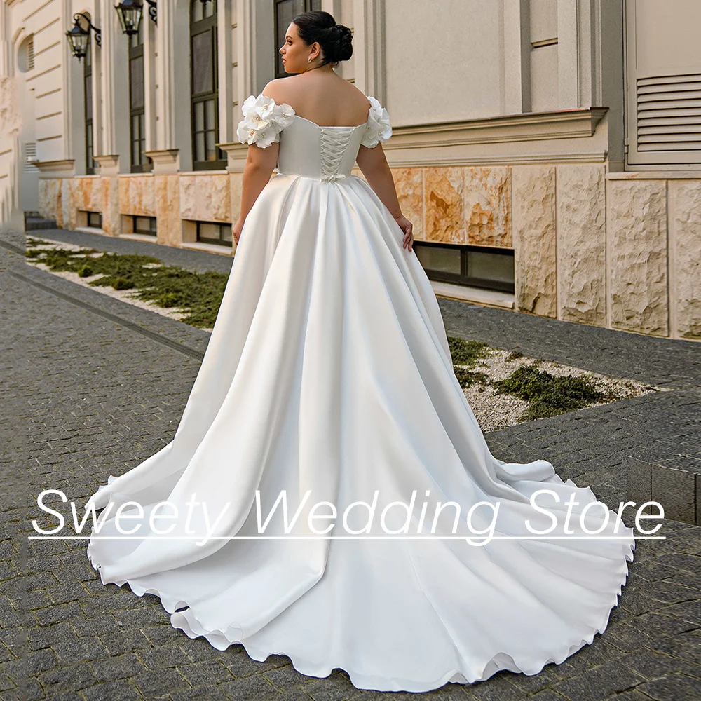 Plus Size Wedding Dresses Big Women Bride Dress Off The Shoulder V Neck Pearls Flower Satin A Line Corset Bridal Gown