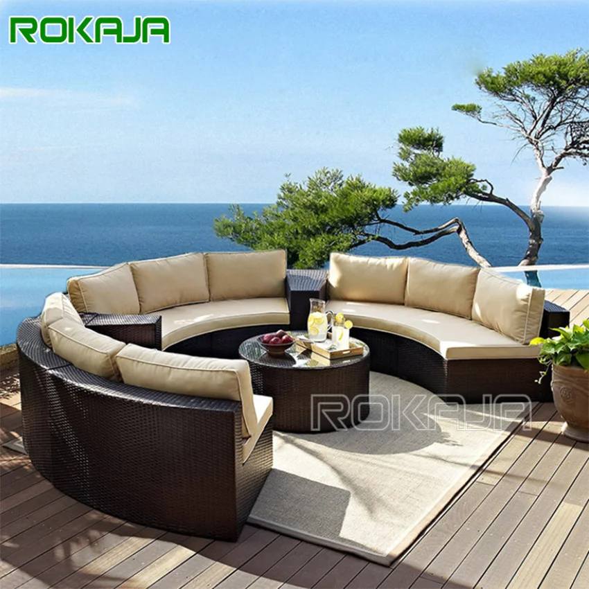 Semicircle Shaped Design Outdoor Patio Sofa Rattan,Swimming Pool Sofa And Coffee Table Furniture Combination