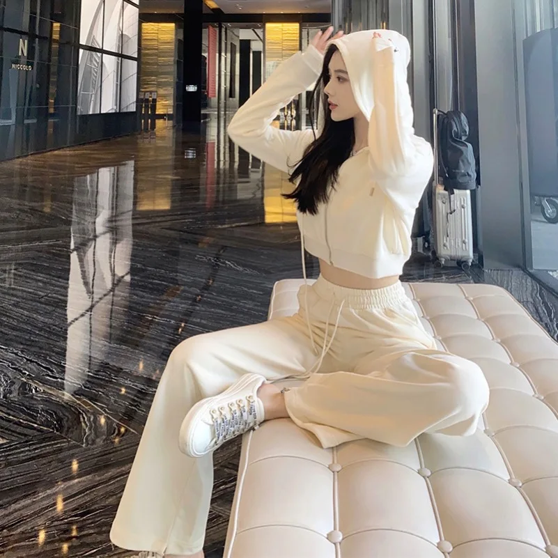 

Faionable Sportswear Set Women's Hoodie Sweatpants Jaet Two-Piece Autumn Winter Korean Sle Long Cotton Casual Outfit