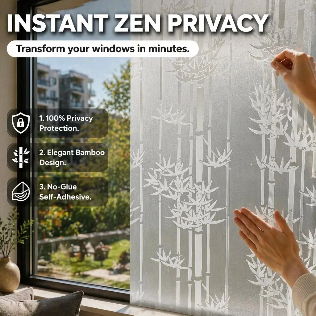 Self-Adhesive Ink Bamboo Window Film, Oriental Bamboo Forest Frosted Privacy Glass Sticker With Built-in Glue Back