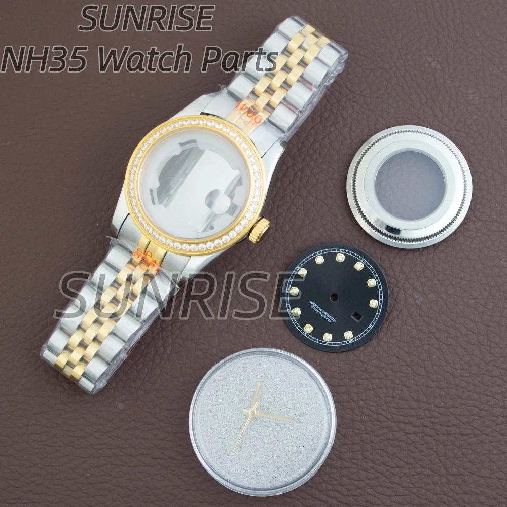 

33mm Diamond Ladies Watch Case Band Dial Hands Two Tone Silver Gold Sapphire Glass for Datejust NH05 NH06 Movement Women Watch