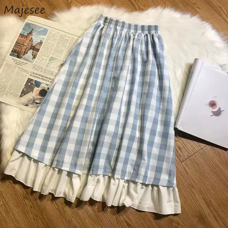 Plaid Loose Midi Skirts Women Sweet Girls Summer Classic Gentle Ruffles Vintage Ulzzang Literary High Waist Chic A-line Harajuku