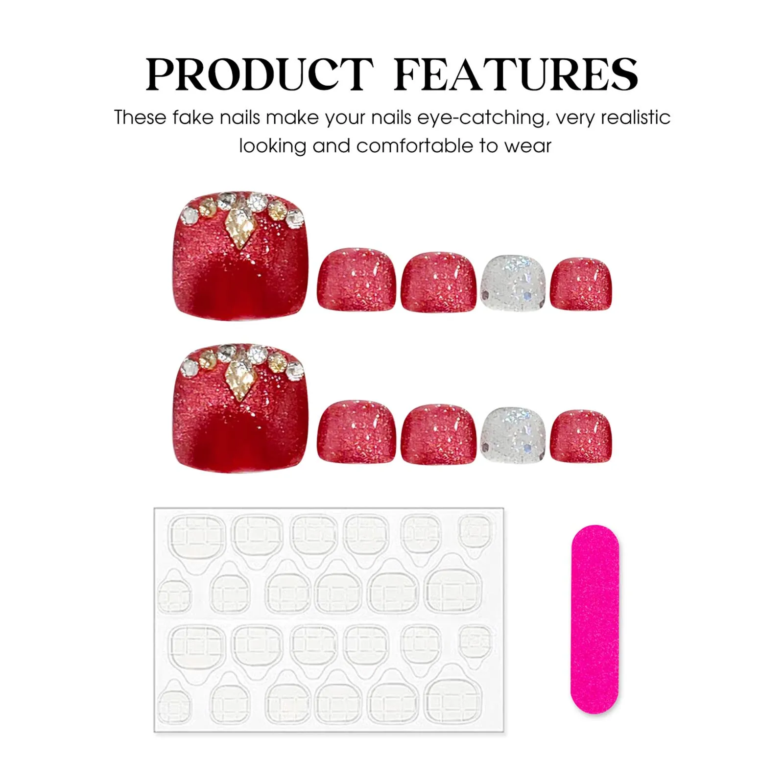 Handmade Press on Toenails Square Head Red Cat Eye False Toenails Super Shiny Rhinestone Design False Toe Nails fWearable