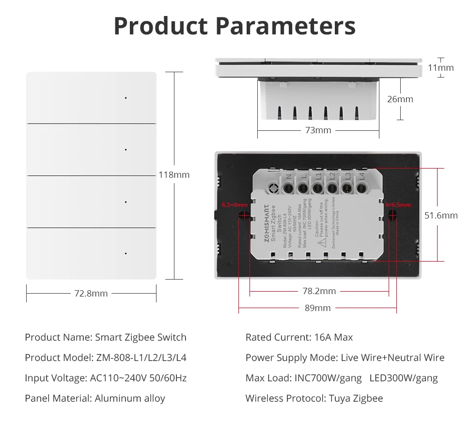 Zemismart Zigbee Smart Wandlichtschalter Aluminiumlegierung Panel Neutralleiter Erforderlich 1 2 3 4 Fach Kompatibel mit Tuya Smart Life App ZM-808 – Detail 15
