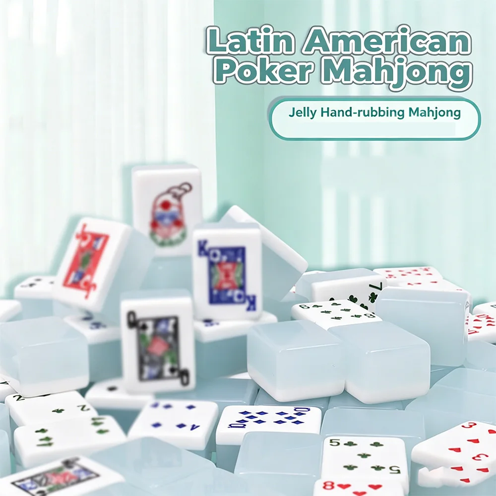 

Latin American Poker Themed Jelly Mahjong Tiles Wear-Resistant Acrylic Mahjong Set Portable Household Game Kit for Leisure Gifts