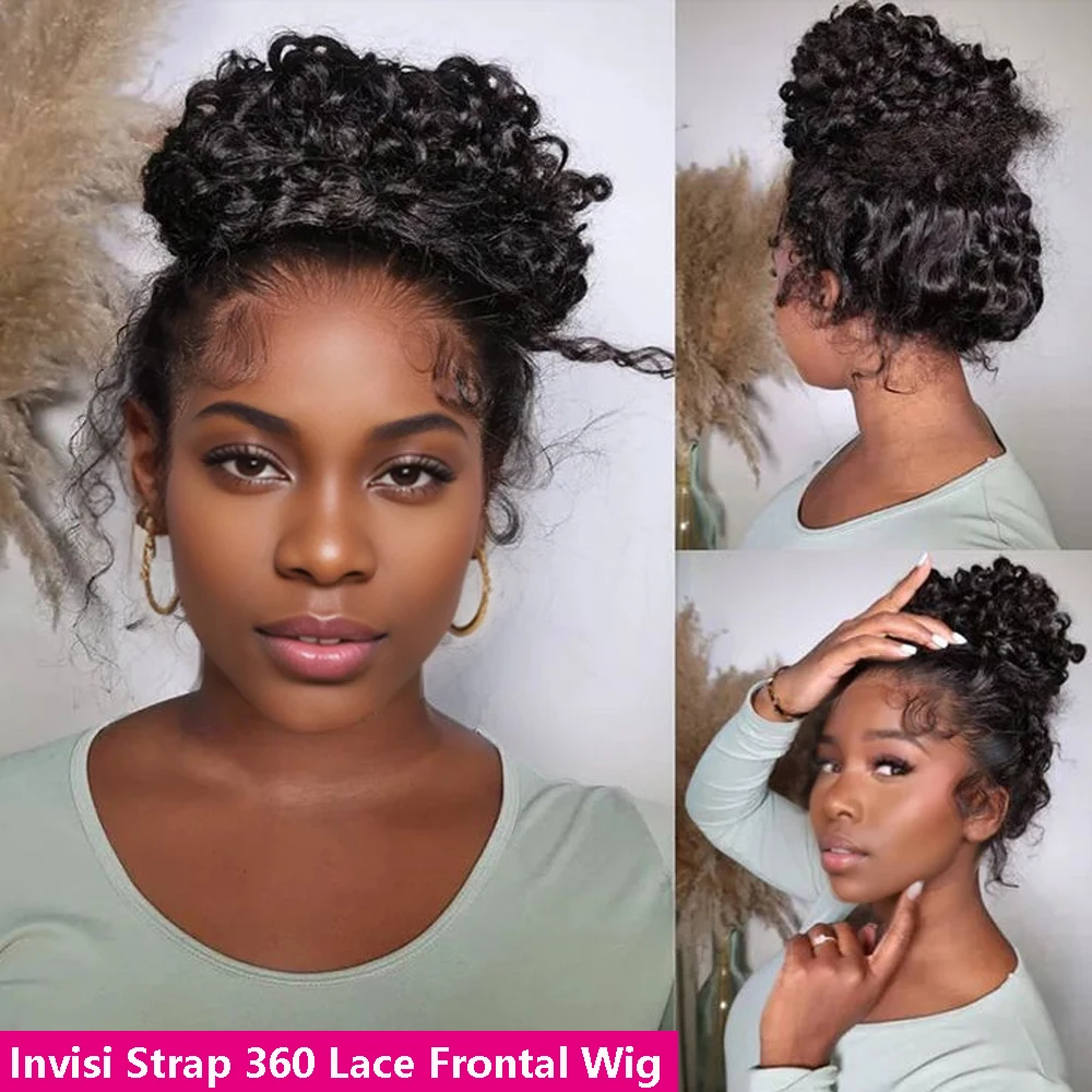 Hidden Strap Water Wave 360 Full Lace Frontal Wig Human Hair Upgrade Invisible Drawst 250 Density 360 Deep Curly Glueless Wigs