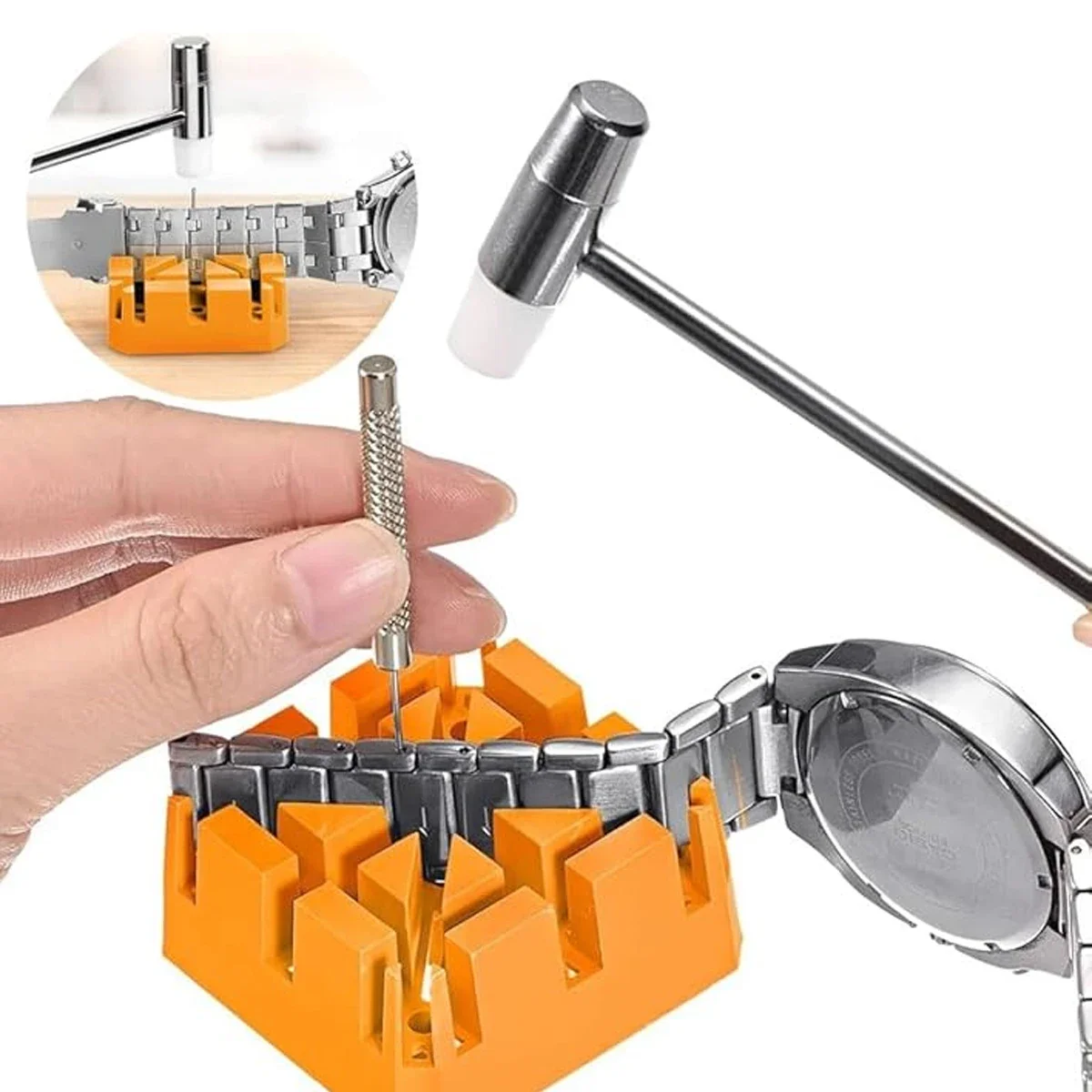 Addensare cinturino per orologio supporto per braccialetto cinturino per orologio rimozione perni strumento di riparazione blocco martello kit di strumenti per punzonatura accessori base fissa