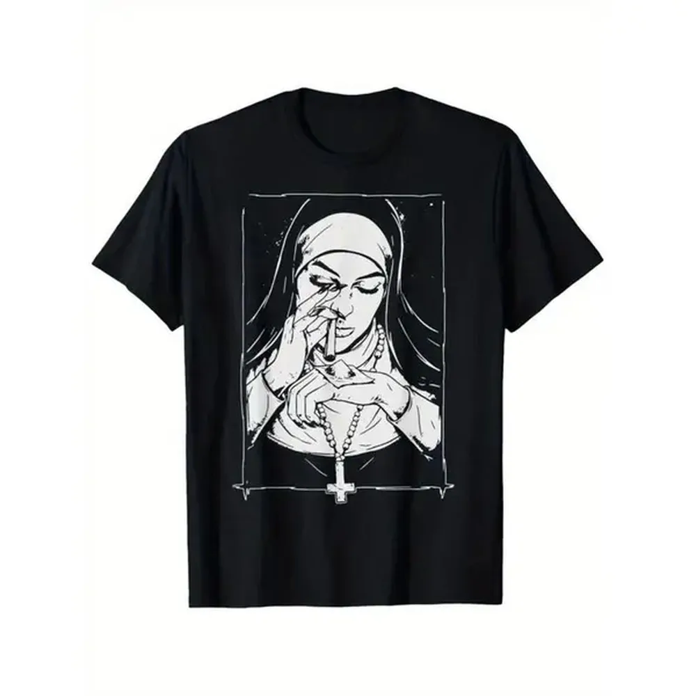 [100% Cotton] Funny Unholy Drug Nun Costume Essential Costume T-Shirt For Men Women Couple, Casual Crew Neck Short Sleeve Tee, Breathable Fabric Golf Gift T-Shirt For Men And Women
