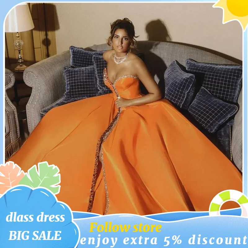 Luxury Dubai Crystal Orange Long Arabic Evening Dress for Women High Side Slit Formal Celebrity Prom Wedding Gowns 2023 Vestidos