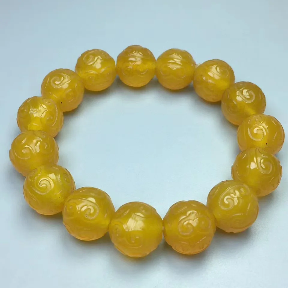 

Natural Agate Bracelet Men Women Healing Gemstone Fine Jewelry Genuine Yellow Agate Stone Carved Beads Bracelets Bangles