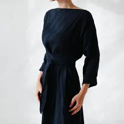 Soft Touch Women Dress Elegant Lace-up Maxi Dress with Bateau Neckline Loose Waist Design for Women Solid Color Thin Dress Long