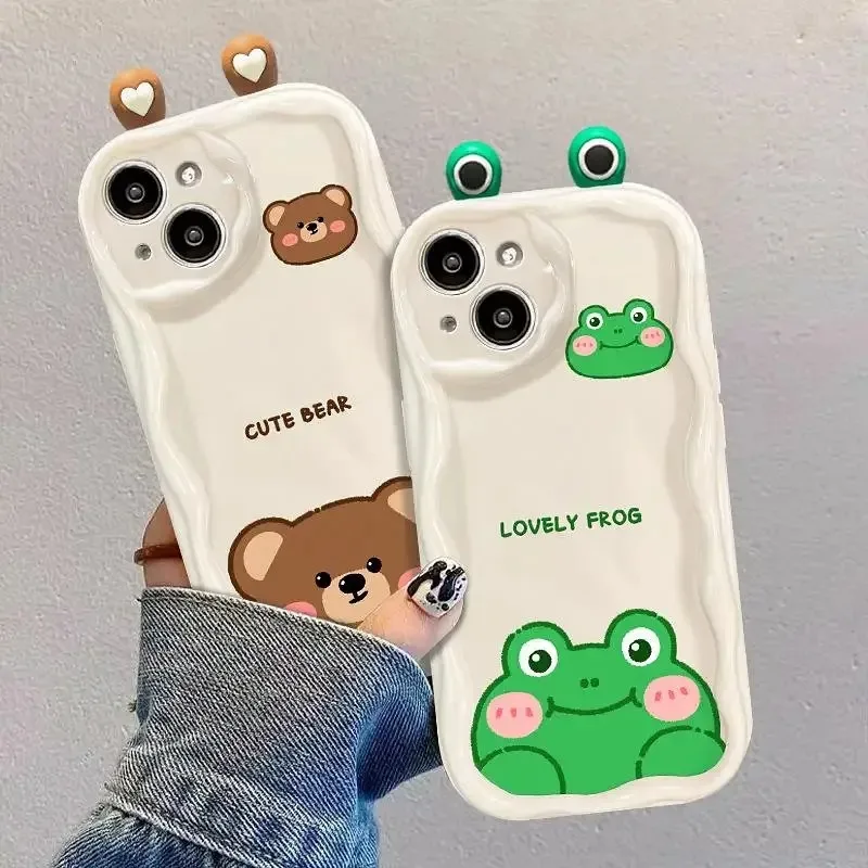 3D Cute Cat Bear Frog Panda Phone Case For Samsung Galaxy S24 Ultra S23 S22 Plus S21 S20 FE A25 A55 A35 A15 A05 A05S Wave Cover