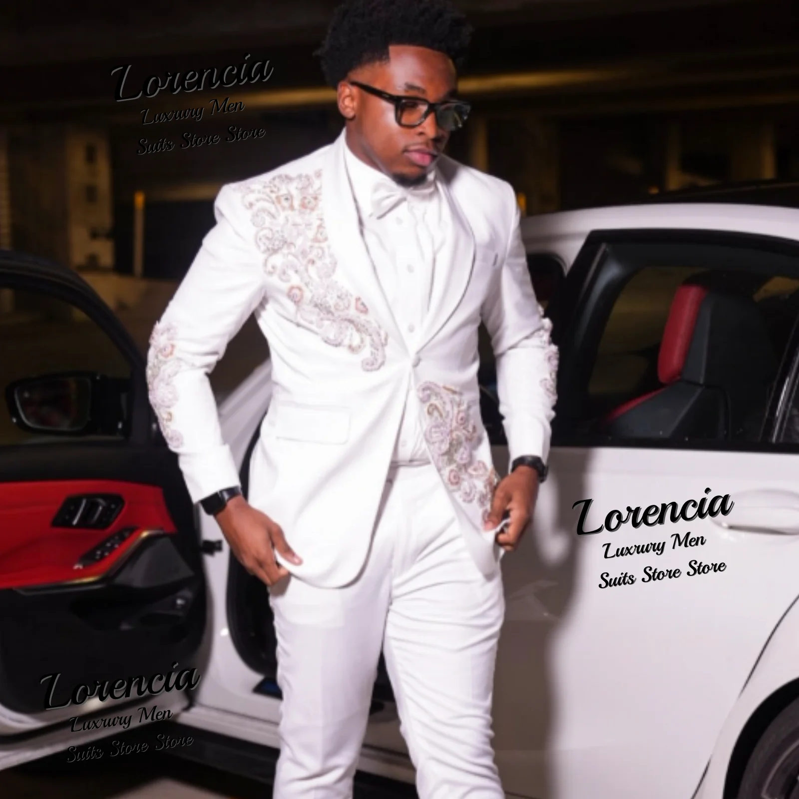 Elegant Embroidery Men Suits Customized Glitter Lapel Wedding Groom Tuxedos 2 Pieces Sets Male Prom Blazer trajes para hombre