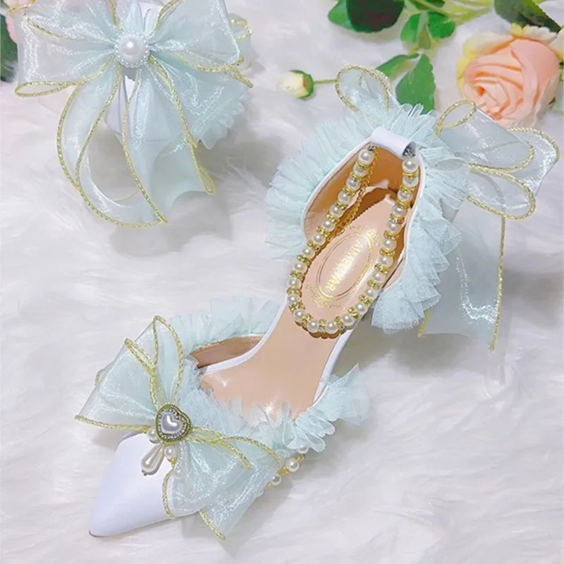

Mint-green lace bow pointy stilettos hollow sandals for women with pearl