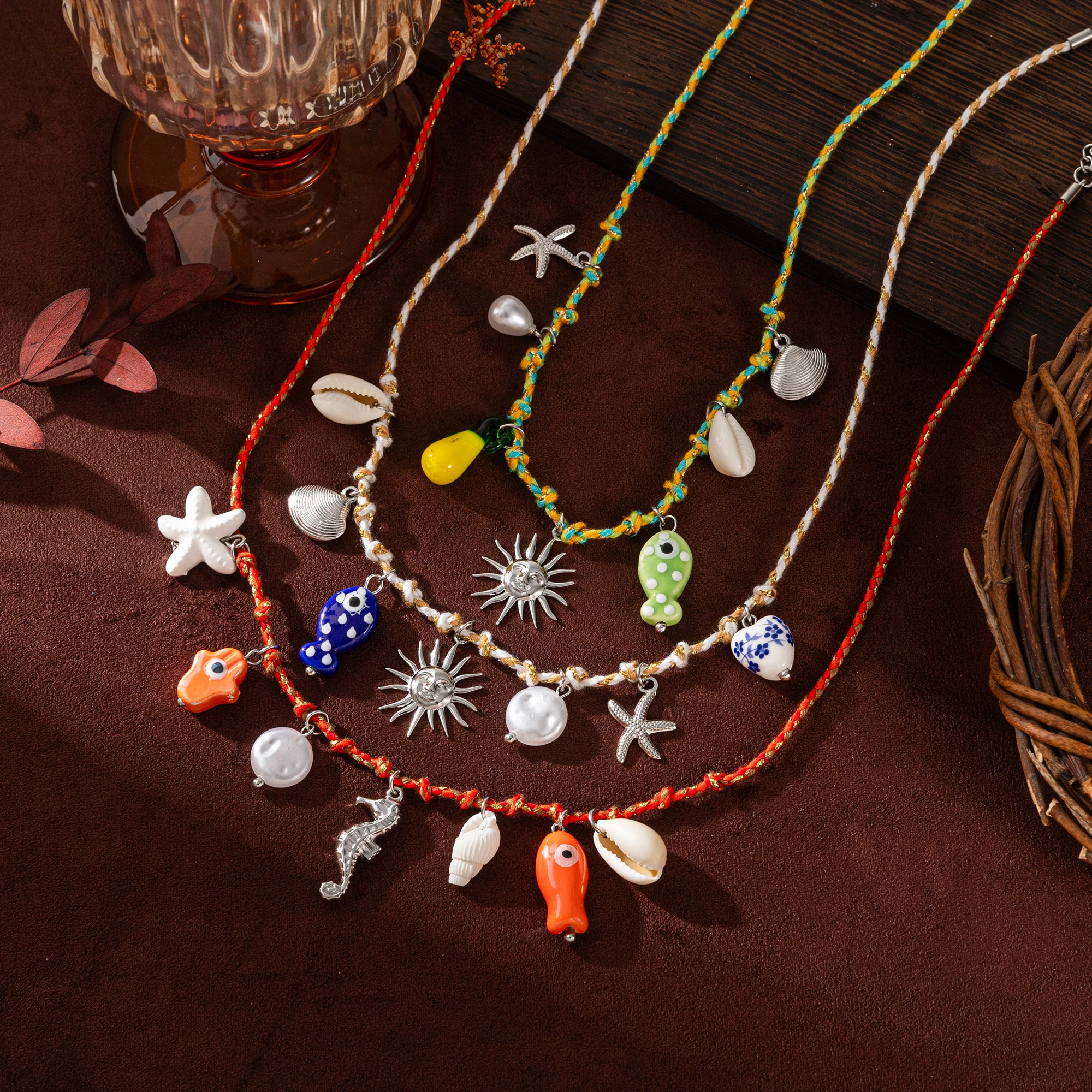 

Bohemian Summer Sea Love Wind Starfish Pearl Love Pendant Colorful Dopamine Rope Necklace Women's Gift