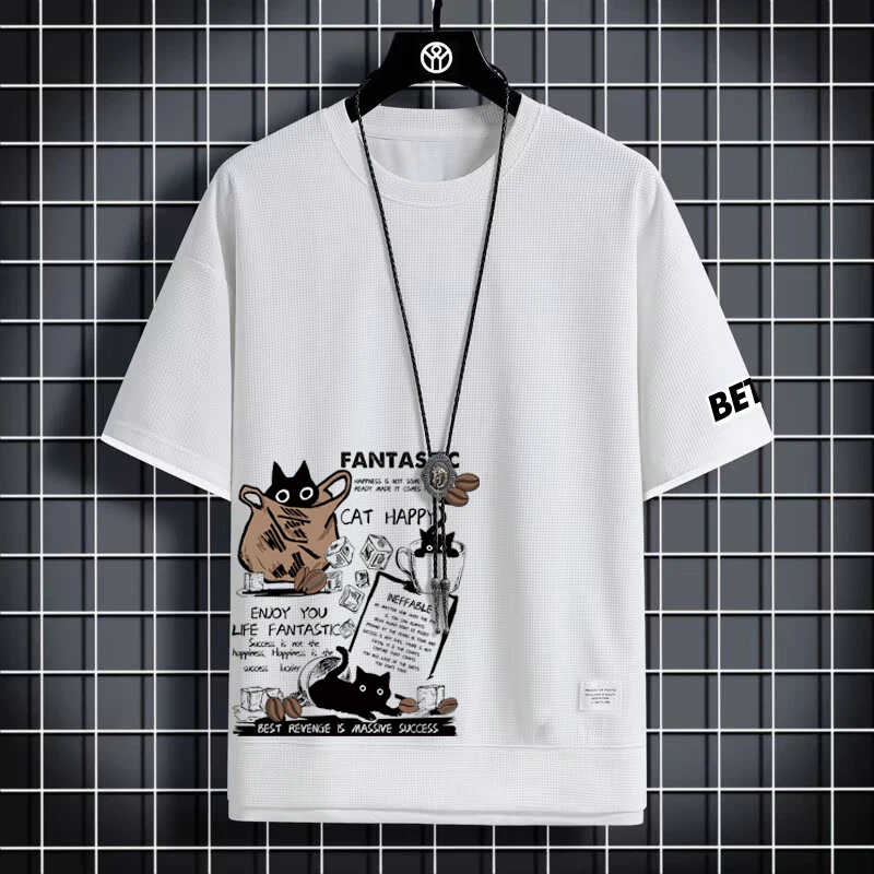 Hot Selling Cartoon Cat Printed T Shirts Summer Breathable Sports Tees White Grey Green Orange Oversized T Shirt Men Clothing