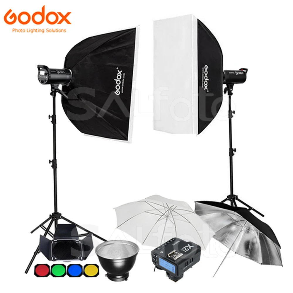 

Godox 2x DE400II 400Ws / DE300II 300Ws +2.4G X2T Transmitter Studio Flash Lighting Kit Photo Strobe Softbox 2.8m Light Stand Set