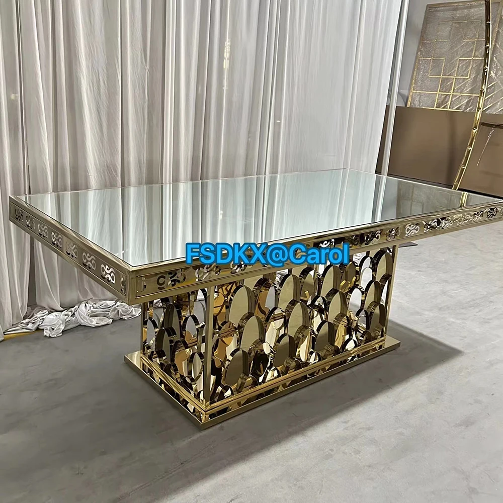 Golden Luxury Stainless Steel Wedding Table Glass Mirror Dining Table Wedding Furniture