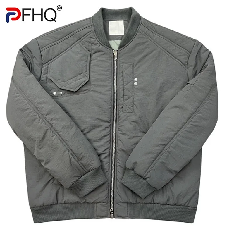 PFHQ Chaqueta de algodón funcional con múltiples bolsillos, holgada, a la moda, Color sólido, manga larga, cremallera, Tops de calle altos, 2024