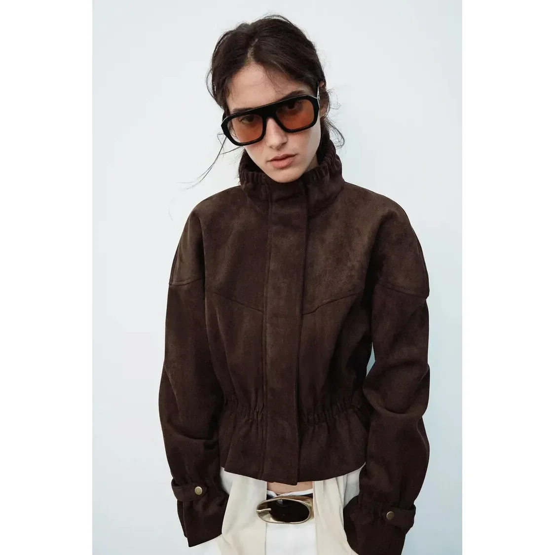 Fashionable Velvet Texture Jacket Women's Outerwear Versatile Style Long Sleeve Short Coat Zipper Closure Polyester Fabric
