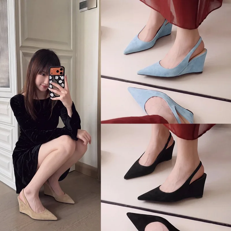 Women Shoes High Heels Pumps Pointed Toe Suede Wedge Heel Backless Strap Elegant Shoes For Woman