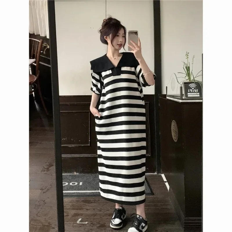 Summertime Loose Look Slimmer MIDI Dress Nightdress Can Be Worn Outside Streak Short Sleeve Fat Girl Extra Large Size 140 Kg