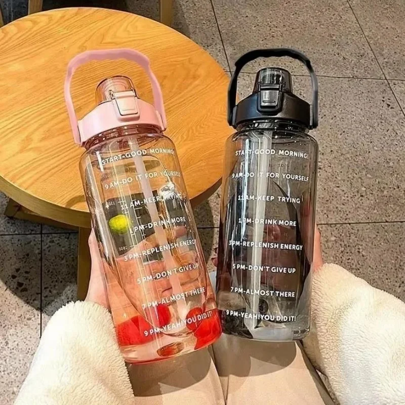 2L Sports Water Bottle with Straw Portable Large Capacity Water Bottles Fitness Bike Cup Summer Cold Water Jug with Time Marker