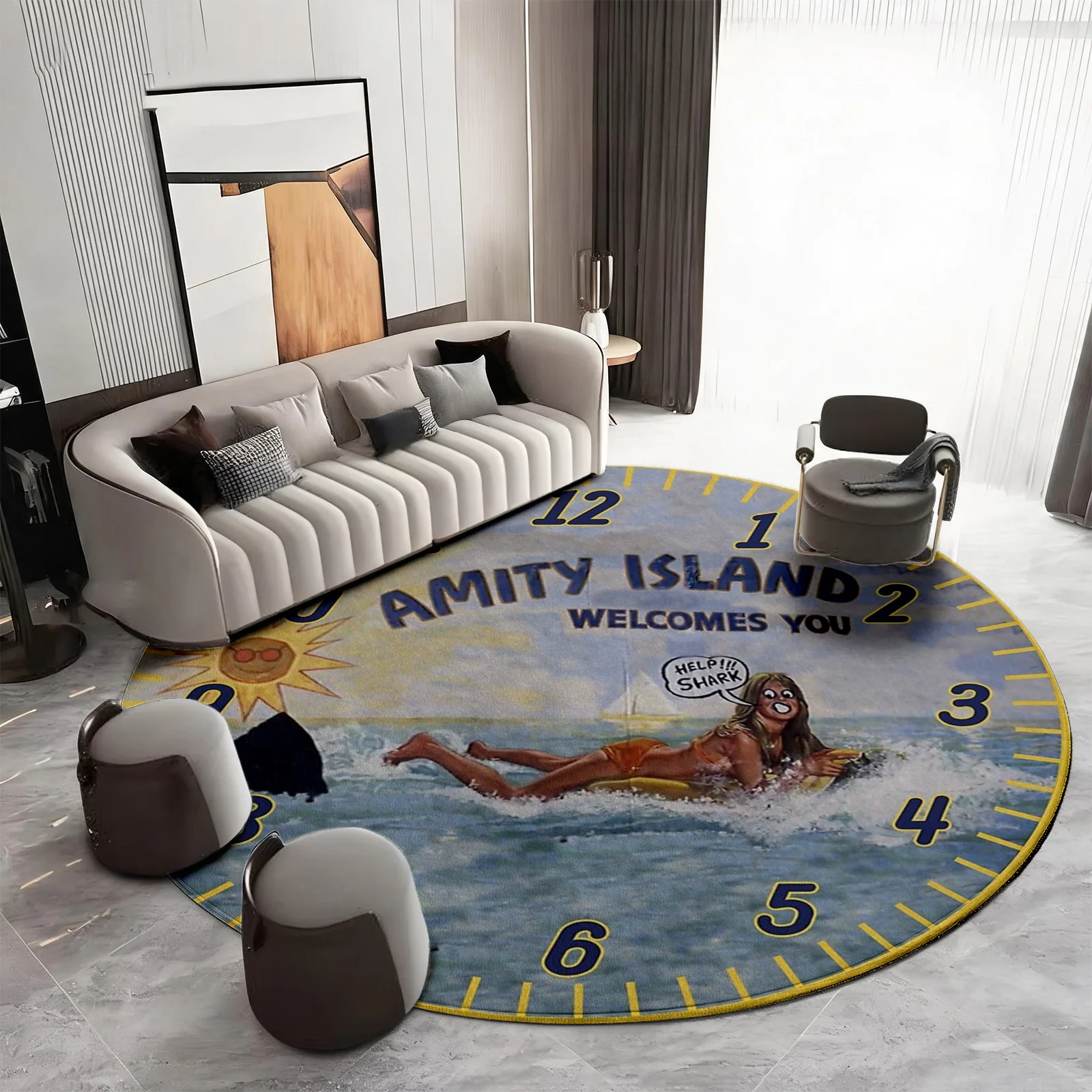 Coastal Ocean Beach Round Rug Mat Area Carpet Tropical Shark Design Amity Island Summer Vacation Nautical Decor for Living Room