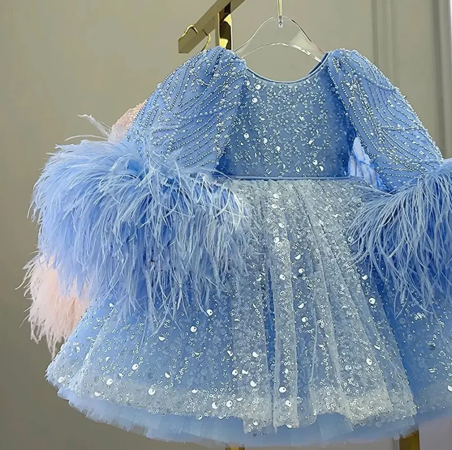 Blue Fluffy Party Dresses for Girls Tiered Tutu Child Girl Ball Gown Sequined Beads Tulle Flower Girl Dress
