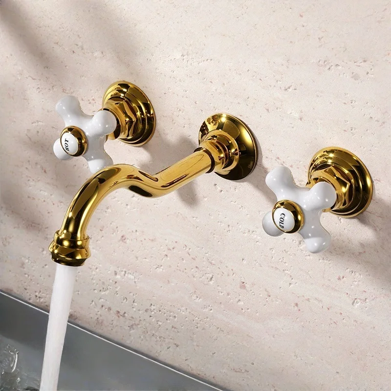 Gold In-wall Bathroom Faucet Total Brass Widespread Basin Faucet Black Sink Faucets 3 Hole Faucet Hot & Cold European Style