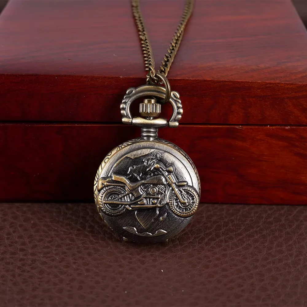 Bronzed pocket watch Motorcycle embossed pocket watch retro quartz small quartz clamshell necklace hang watch