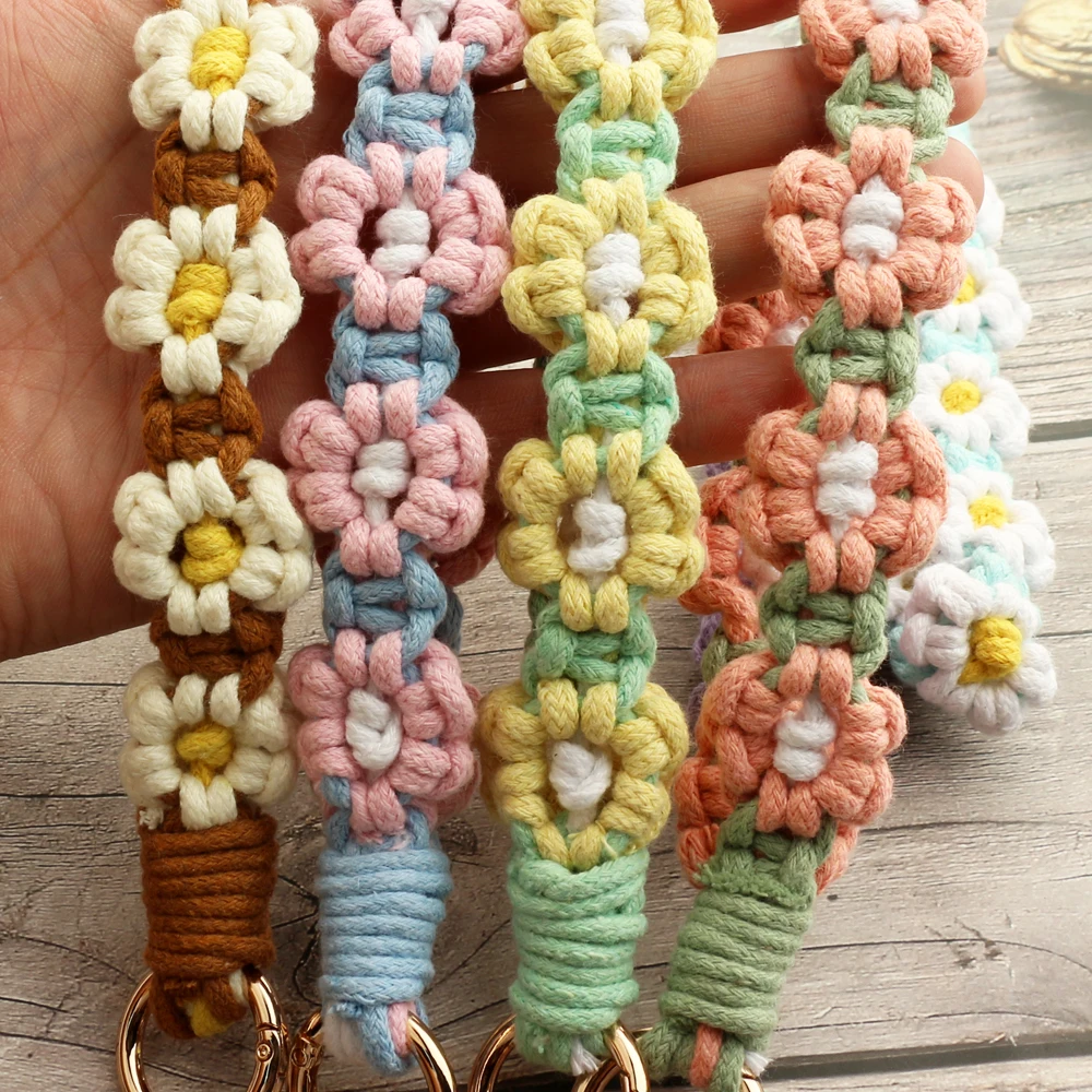 Wholesale New Candy Color Cute Flowers Hand Woven Cotton Rope Keychain