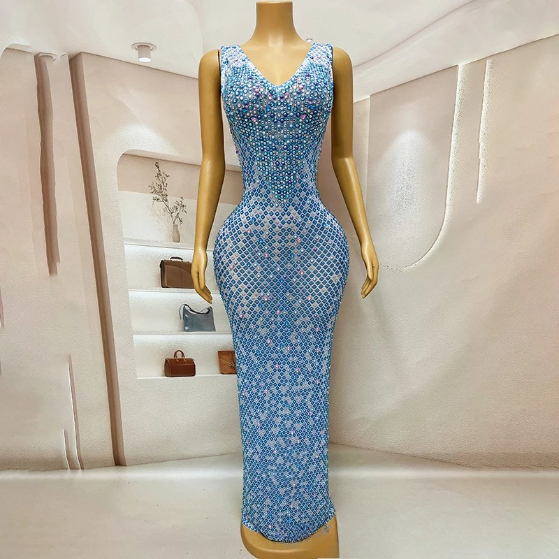 Blue V-neck Shiny Rhinestone Performance Dress Female Singer High-end Atmospheric Annual Meeting Evening Dress Vestido Gala Luxo