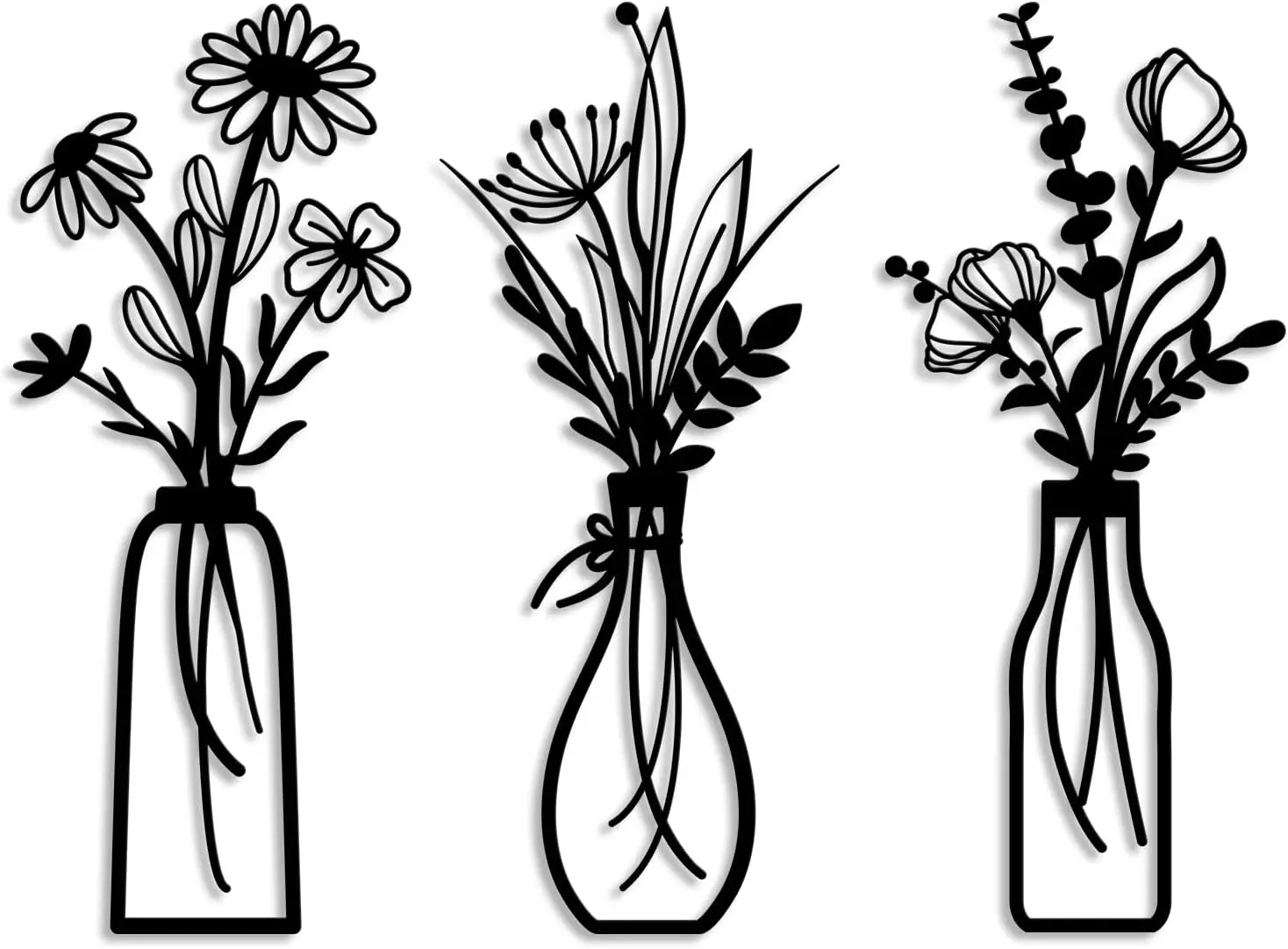 3 Pieces Metal Flowers Wall Arts - Rustic Farmhouse Decor Black Minimalist Flower Wall Decors for Living room Bathroom Bedroom D
