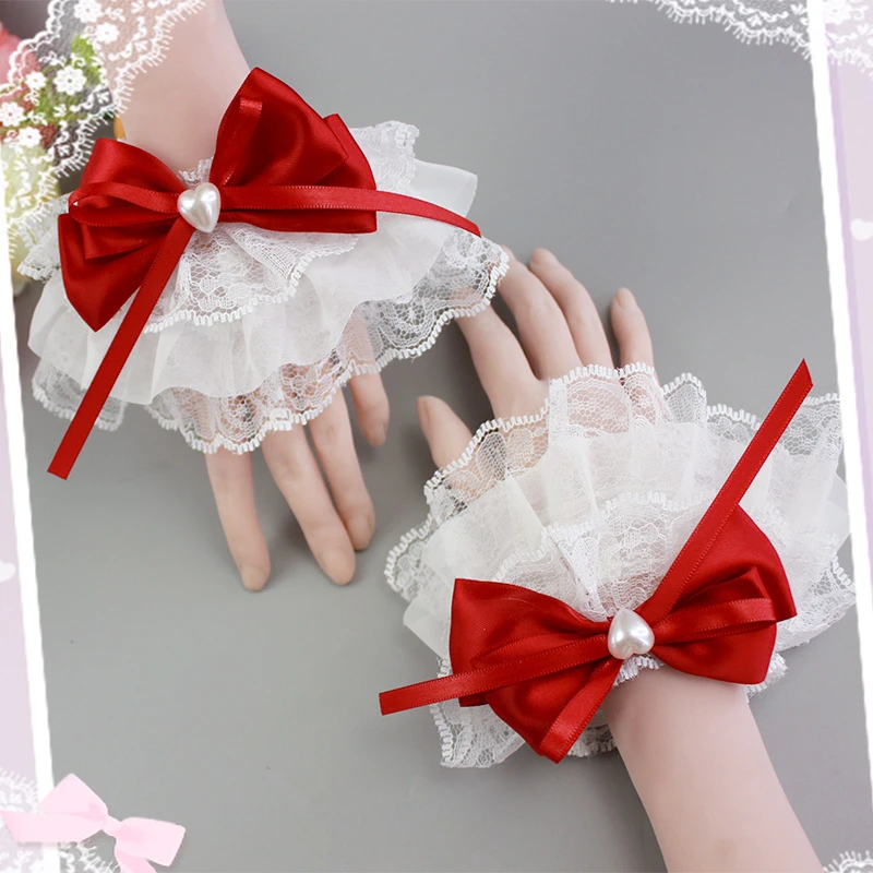 Dulce lindo encaje mangas falsas arco muñeca puño suéter pulseras decorativas guantes cortos sin dedos para niñas fiesta de té