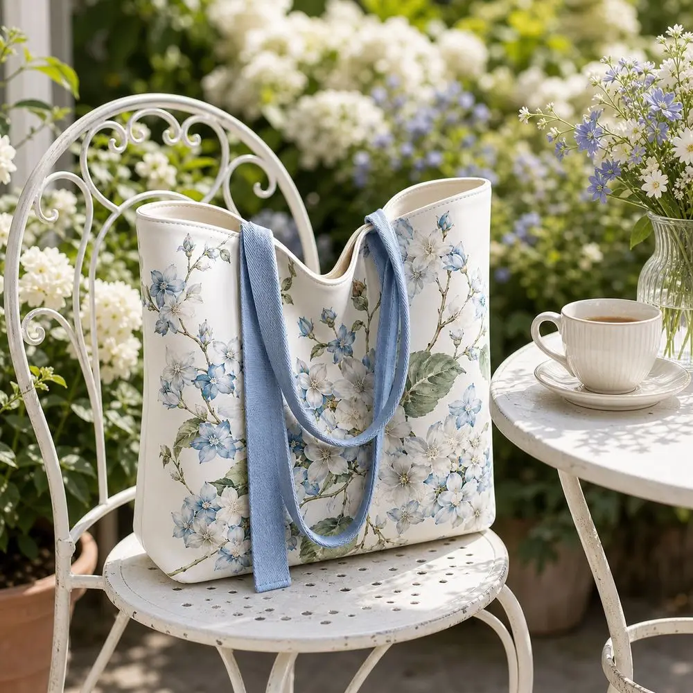 Durable Floral Canvas Bag Large Capacity Lightweight Shoulder Bag Versatile Reusable Lunch Bag Daily Outfits
