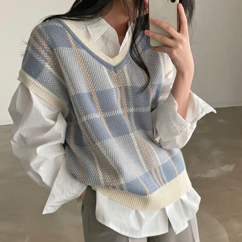 Autumn Winter Female Korean Loose Sweater Vest Vintage Office-lady V-neck Jumpers Pullover Women Knitted Tops Pull Femme 23875