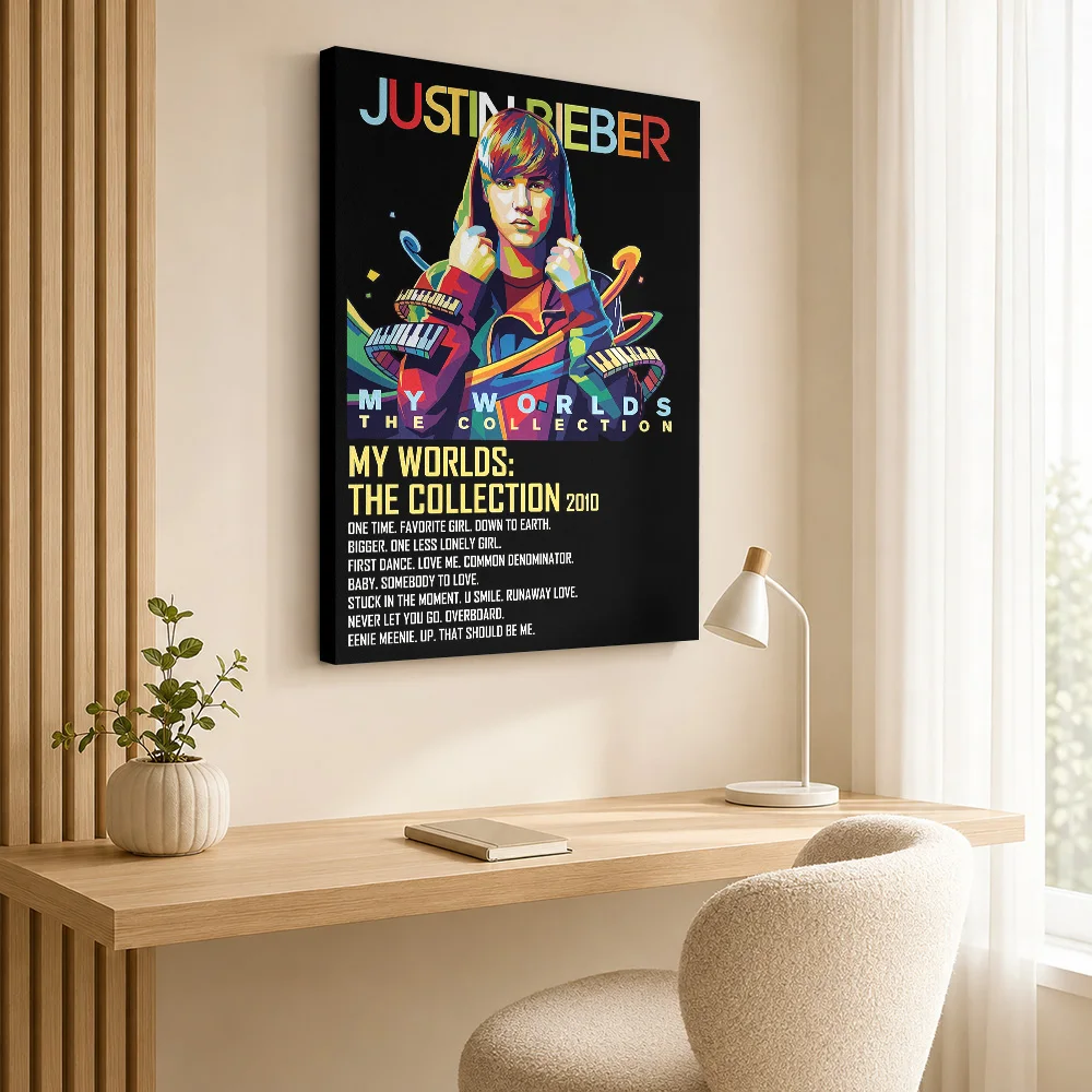 Justin Bieber Concert Crowd Illustration Canvas Print Poster Custom Photo Retro Music Canvas Wall Art for Studio Bedroom Decor