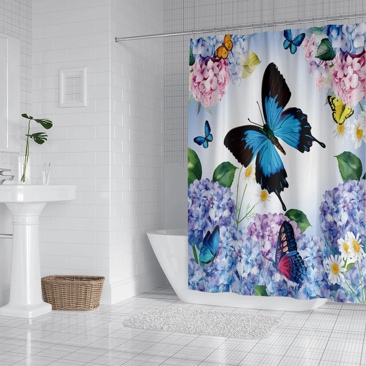 Blue Butterflies and Flowers Shower Curtain Gift Modern Home Bathroom Decoration with 12 Hooks