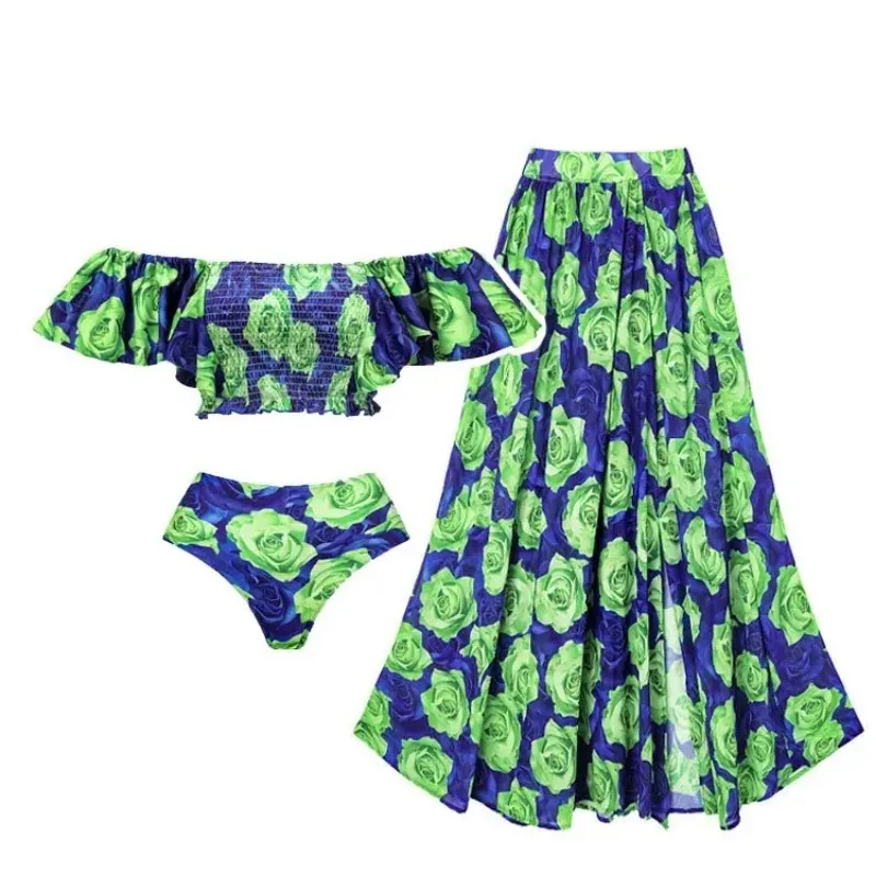 

Women Swimsuit Ruffled Floral Off shoulder Bikinis in Green with Pants/Jupe Beach Dress Cover Up Designer Bathing Summer Holiday